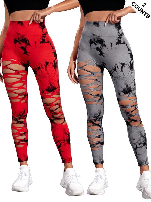 Women's Tie Dye Print Ripped High Waist Sports Leggings, Casual Comfy Breathable Skinny Pants for Yoga Gym Workout Running, Ladies Sportswear for All Seasons, Tummy Control