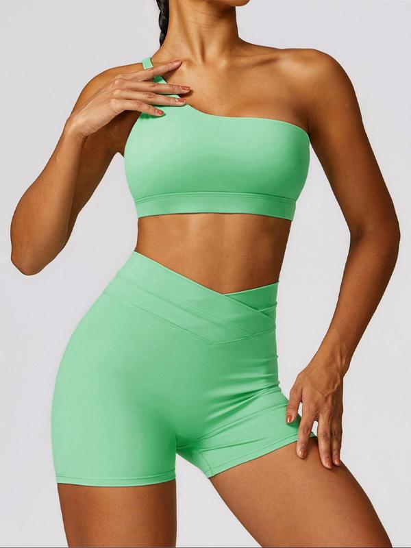 2 Piece Set Women's Basic Solid Backless One Shoulder Sports Bra & Overlap Waist Skinny Shorts Tracksuit Set, Quick Drying Breathable Sport & Outdoor Clothing, Ladies Workout Gym Exercise Clothing, Back To School Clothes, Minimalistic Outfit