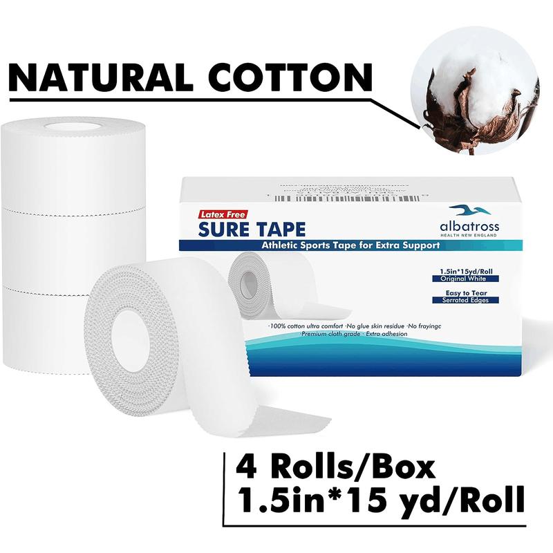 SURE TAPE 4-Pack (1.5in X 45 ft pack) White Athletic Sports Tape - Strong Easy Tear NO Sticky Residue for Athlete