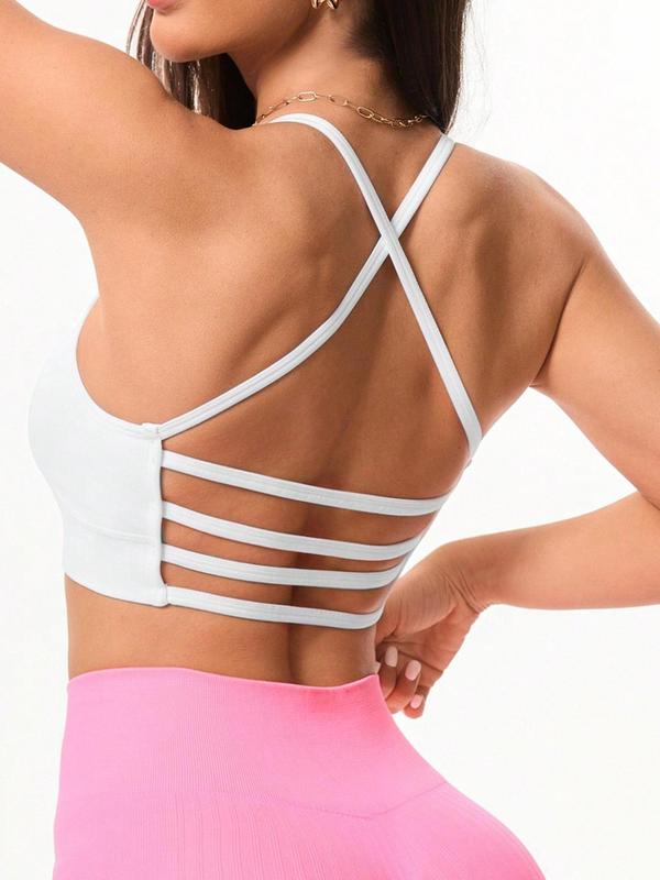 Women's Solid Criss Cross Backless Sports Bra, Breathable Comfortable Wireless Sports Bra, Ladies Sportswear for Indoor Outdoor Wear