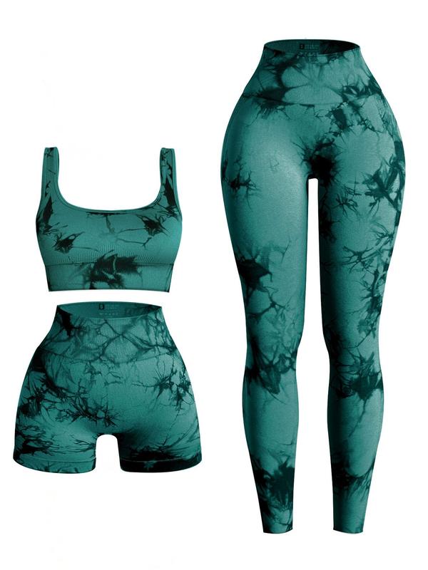 Three-piece Set Women's Tie Dye Print Tracksuit Set, Sporty Scoop Neck Crop Tank Top & High Waist Leggings & Skinny Shorts, Ladies Sportswear for Indoor Outdoor Wear