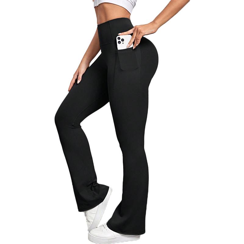 Women's Solid Color Flare Leg Gym Fitness Leggings with pocket- Stretch Sports Activewear Pants