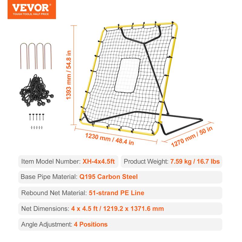 VEVOR Baseball And Softball Rebounder Net, 4 x 4.5 Feet PitchBack Baseball Nest for Pitching and Fielding Training, Pitch Return Trainer Rebound Net with Pitching Target, 4 Adjustable Angles