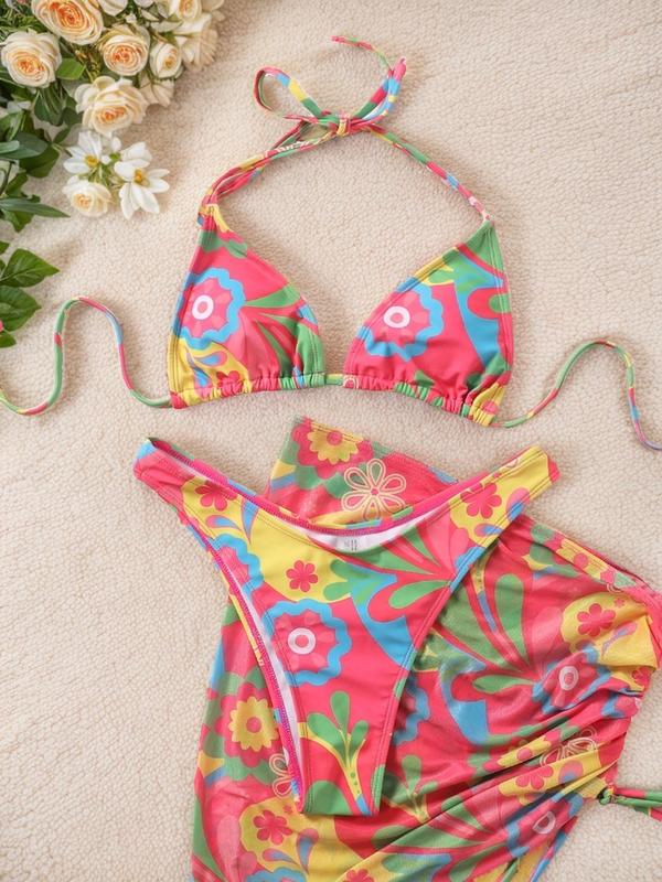 3 Piece Set Women's 2024 New Floral Print Halter Bikini Swimsuit Sets, Summer Clothes Women, Tummy Control Swimwear, Tie Back Triangle Swim Top & High Cut Swim Knicker & Drawstring Skirt Swimsuit Set, Bathing Suits, Lady Swimwear for Summer Beach