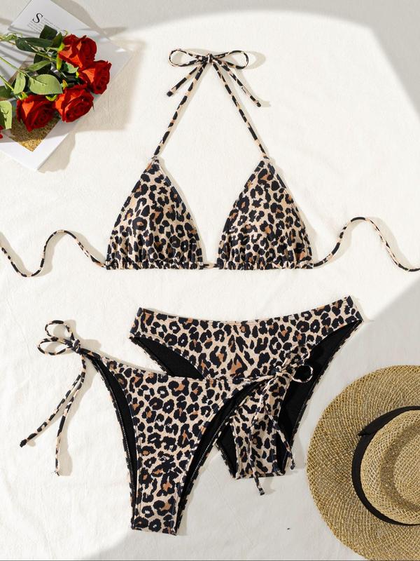 Three-Piece Set Women's Leopard Print Halter Bikini Set, Chic Drawstring Swim Top & High Cut Swim Bottom Set, Fashion Women's Swimsuit for Beach Holiday Vacation