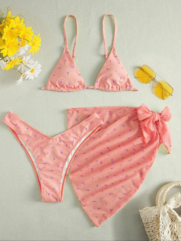 Three-Piece Set Women's Ditsy Floral Print Swimsuit Set, Back To School Summer Clothes Women, Adjustable Strap Triangle Bikini Bra & High Cut Bikini Panty & Asymmetrical Cover Up Skirt Set, Swimsuit Sets Bathing Suits 2024 for Women Summer Swimwear