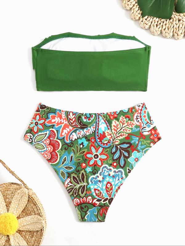 Two-Piece Set Women's Floral Print Ruffle Bandeau Bra & High Waist Panty Bikini Set, Casual Two-piece Set for Summer, Ladies Swimwear for Beach Holiday Vacation