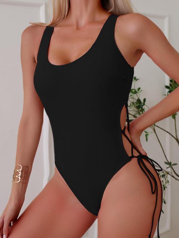 Women's Solid Criss Cross Cut Out Lace Up One-piece Swimsuit, Summer Clothes Women, Boho Fashion Sleeveless Swimwear for Beach, Bathing Suits 2024 for Women, Swimsuit for Women, Tummy Control Swimwear, Women's Swimwear for Summer, Women Clothing