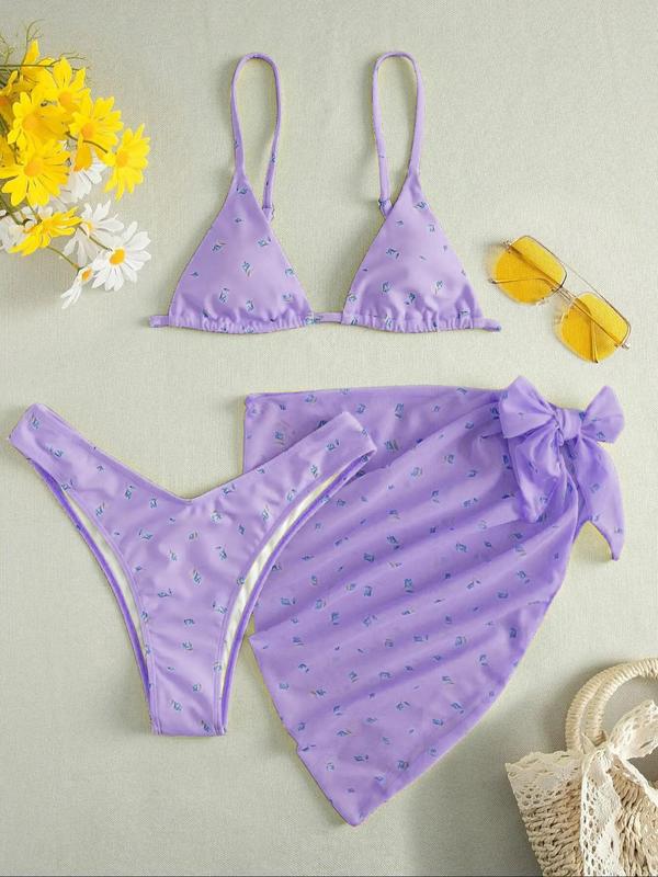 Three-Piece Set Women's Ditsy Floral Print Swimsuit Set, Back To School Summer Clothes Women, Adjustable Strap Triangle Bikini Bra & High Cut Bikini Panty & Asymmetrical Cover Up Skirt Set, Swimsuit Sets Bathing Suits 2024 for Women Summer Swimwear