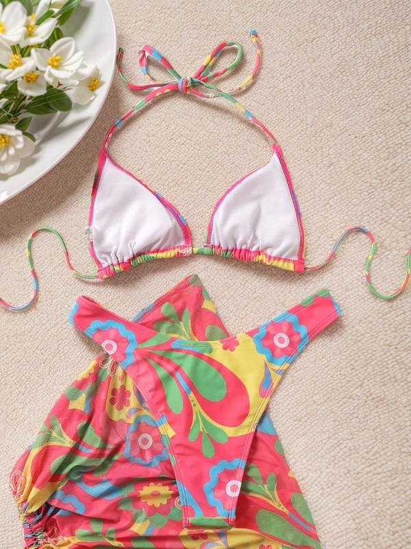 3 Piece Set Women's 2024 New Floral Print Halter Bikini Swimsuit Sets, Summer Clothes Women, Tummy Control Swimwear, Tie Back Triangle Swim Top & High Cut Swim Knicker & Drawstring Skirt Swimsuit Set, Bathing Suits, Lady Swimwear for Summer Beach