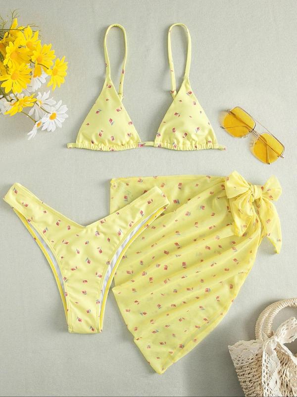 Three-Piece Set Women's Ditsy Floral Print Swimsuit Set, Back To School Summer Clothes Women, Adjustable Strap Triangle Bikini Bra & High Cut Bikini Panty & Asymmetrical Cover Up Skirt Set, Swimsuit Sets Bathing Suits 2024 for Women Summer Swimwear