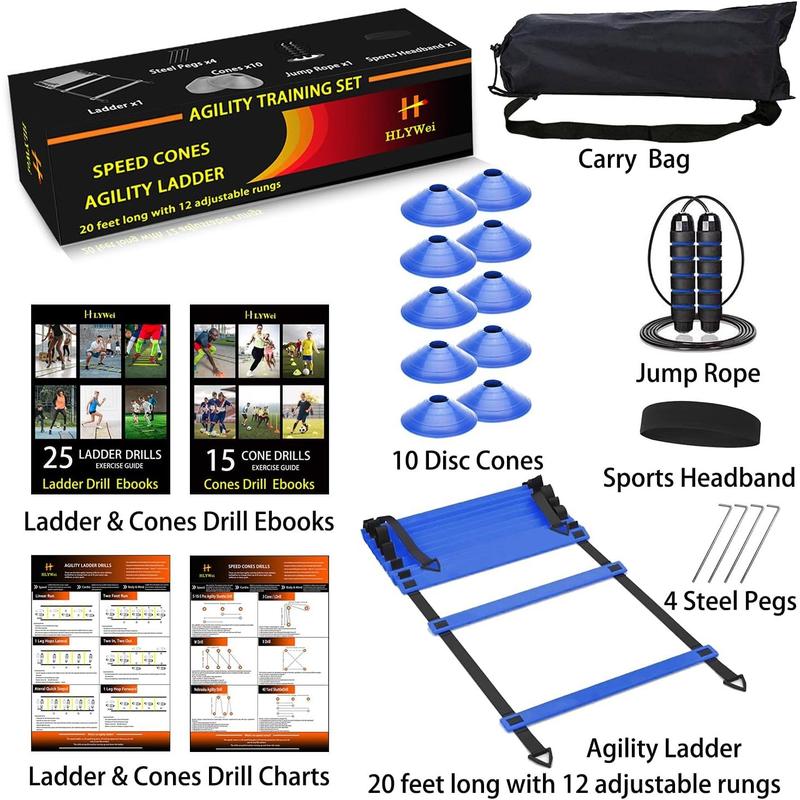 Speed Agility Training Set, Includes 1 Agility Ladder, 4 Steel Stakes, 1 Sports Headband,1 Jump Rope, 10 Disc Cones and Gym Carry Bag - Speed Training Equipment for Soccer Football Basketball