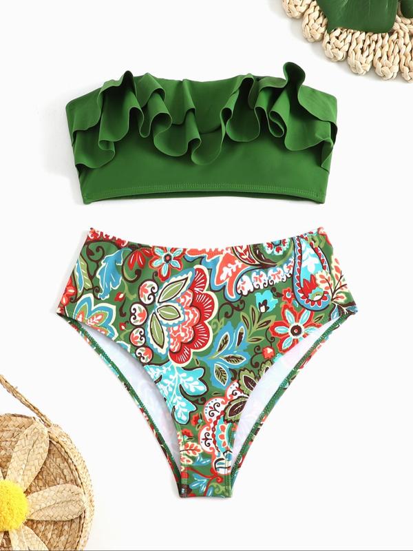 Two-Piece Set Women's Floral Print Ruffle Bandeau Bra & High Waist Panty Bikini Set, Casual Two-piece Set for Summer, Ladies Swimwear for Beach Holiday Vacation