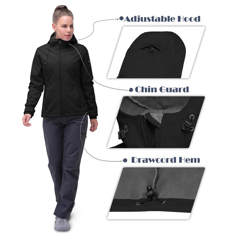 33,000ft Women's Softshell Jacket, Fleece Lined Warm Jacket Light Hooded Windproof Coat for Outdoor Hiking