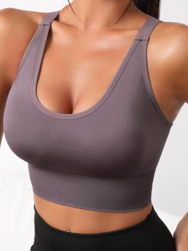 Women's Solid Criss Cross Backless Scoop Neck Sports Bra, High Stretch Seamless Sports Bra, Ladies Summer Sportswear for Gym Workout Yoga, Fall Outfits, Fallfreshness