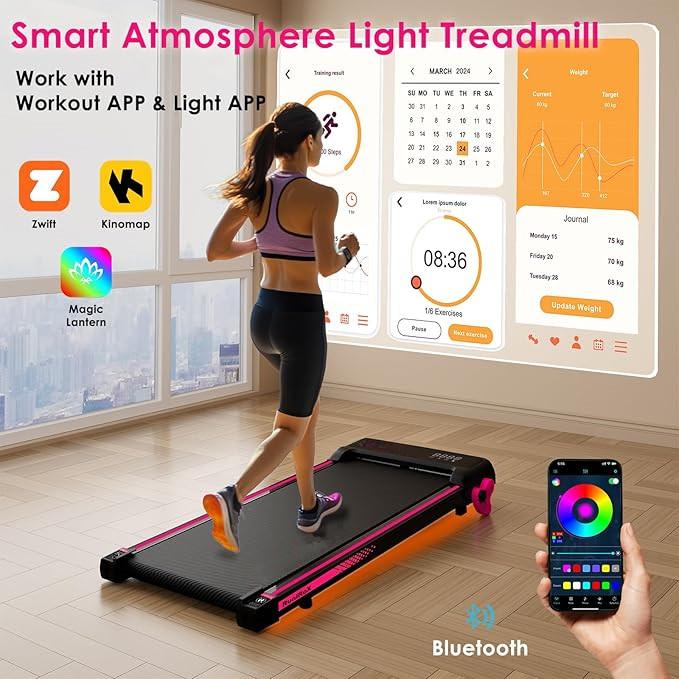 Walking Pad Treadmill with Incline and Lights, Under Desk Treadmill with Incline for Home Office, 3 in 1 Portable Treadmill with LED Display and APP