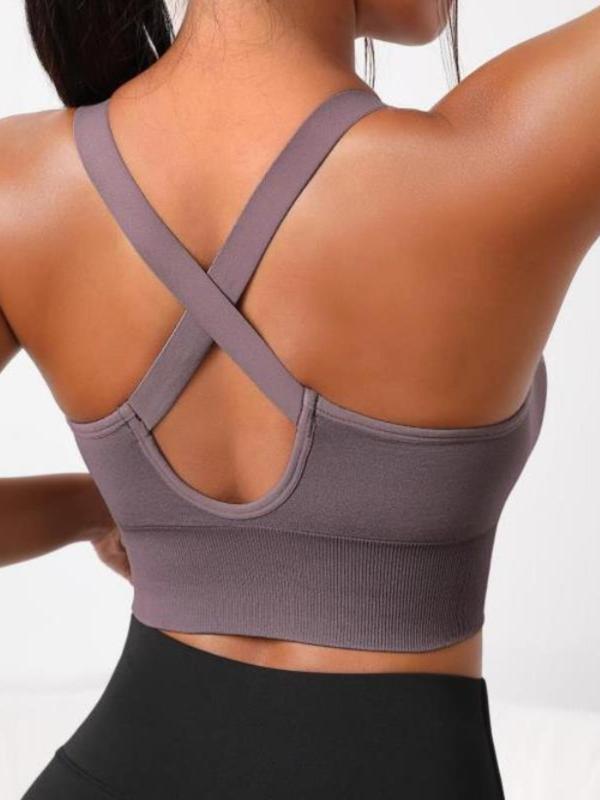 Women's Solid Criss Cross Backless Scoop Neck Sports Bra, High Stretch Seamless Sports Bra, Ladies Summer Sportswear for Gym Workout Yoga, Fall Outfits, Fallfreshness