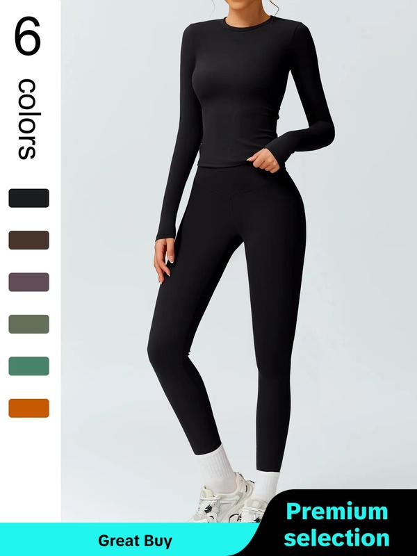 Women's Solid Color Long Sleeve Tee & High Waist Leggings Tracksuit Set, Sporty Comfy Breathable Outfits for Gym Workout Running, Ladies Fall & Winter Sportswear