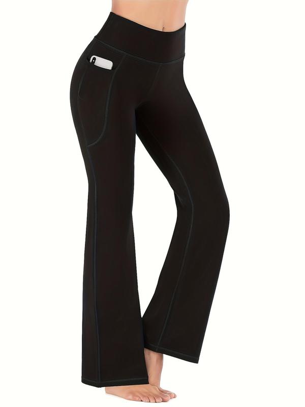 Plus Size Plain Pocket Flare Leg Sports Tummy Control Leggings, Sporty High Stretch Bell Bottom Leggings for Yoga Gym Fitness, Compression Pants, Ladies Sportswear Bottoms