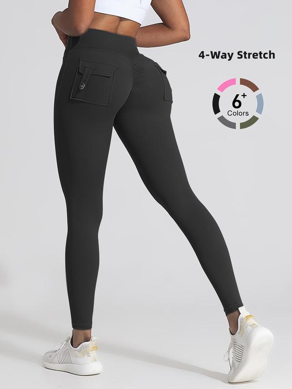 Women's Solid High Waist Pocket Sports Leggings, Casual Comfy Breathable Skinny Pants for Yoga Gym Workout Running, Ladies Sportswear for All Seasons