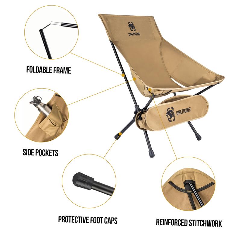 OneTigris Folding Camping Chair With Back-Rest, Side Pockets and Carrying Bag, 330 lbs Capacity, Compact Portable Lightweight Chair for Hiking Travel. sp Large Capacity