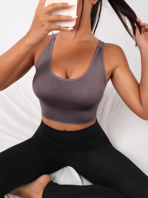 Women's Solid Criss Cross Backless Scoop Neck Sports Bra, High Stretch Seamless Sports Bra, Ladies Summer Sportswear for Gym Workout Yoga, Fall Outfits, Fallfreshness