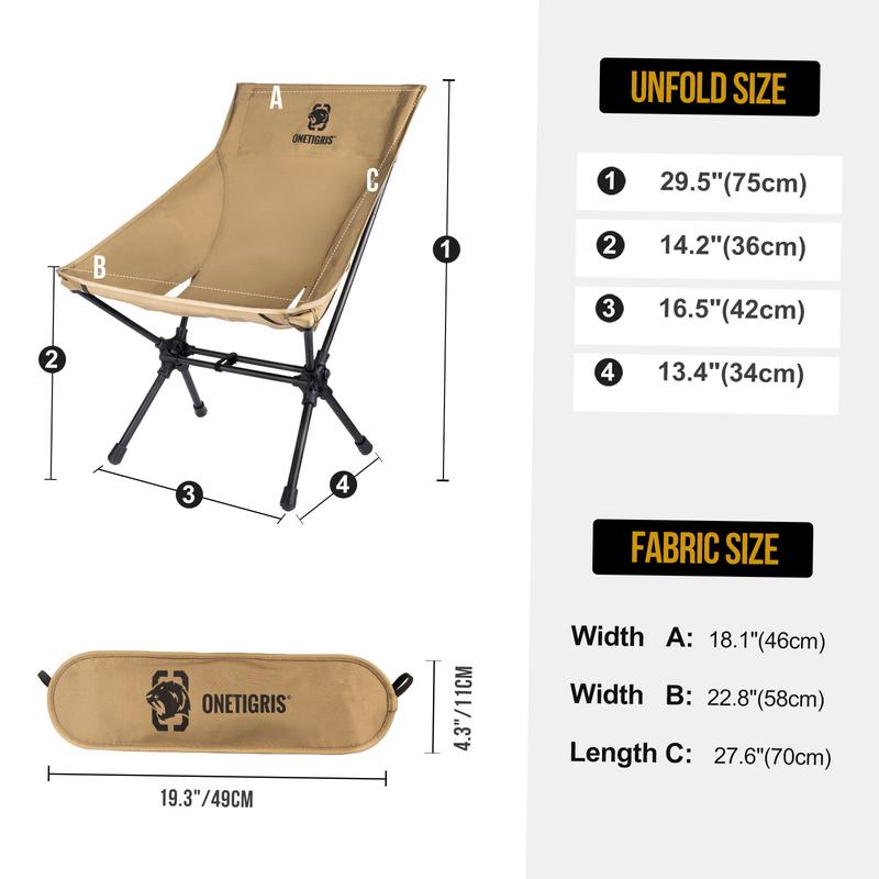 OneTigris Folding Camping Chair With Back-Rest, Side Pockets and Carrying Bag, 330 lbs Capacity, Compact Portable Lightweight Chair for Hiking Travel. sp Large Capacity