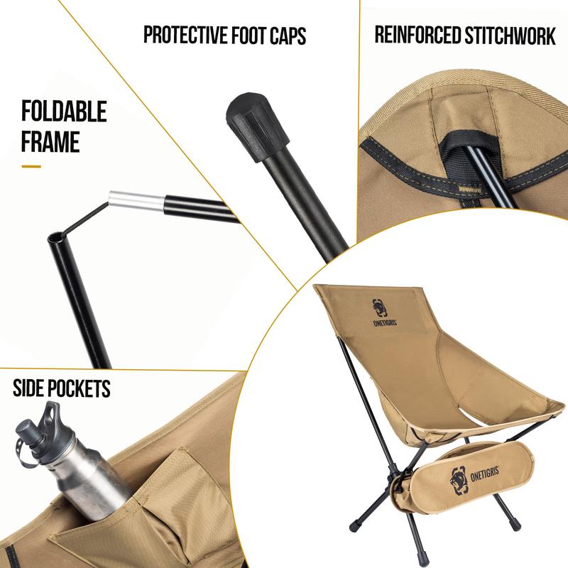 OneTigris Folding Camping Chair With Back-Rest, Side Pockets and Carrying Bag, 330 lbs Capacity, Compact Portable Lightweight Chair for Hiking Travel. sp Large Capacity