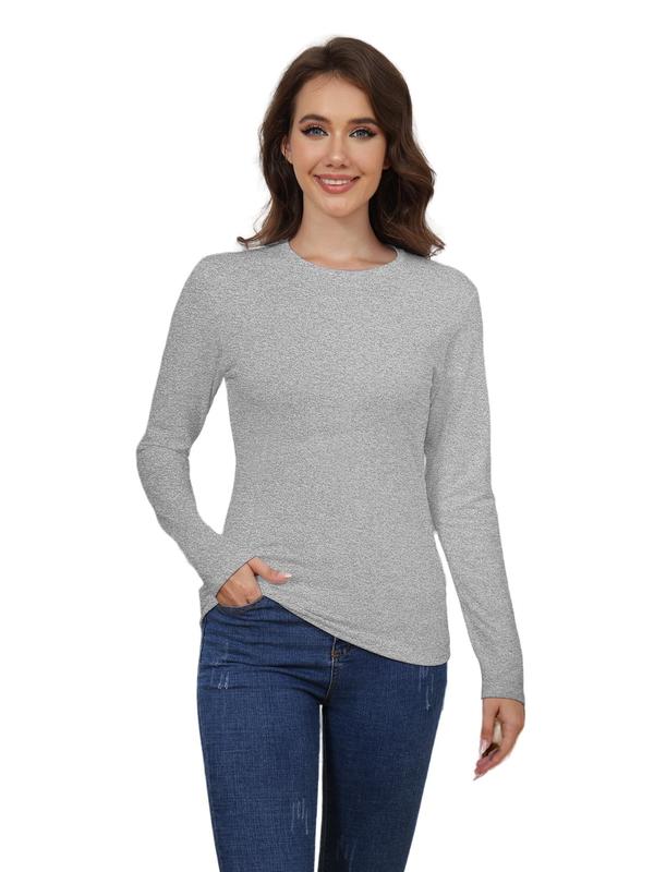 Women's Solid Round Neck Sports Thermal Tee, Casual Comfy Warm Long Sleeve T-shirt for Fall & Winter, Women's Sportswear for Indoor Outdoor Wear