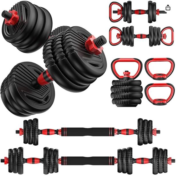 Adjustable Dumbbells, 10 25 35 55 70 90lbs Free Weight Set with Connector, 4 in1 Dumbbells Set Used as Barbell, Kettlebells, Push up Stand, Fitness Exercises for Home Gym Suitable Men Women