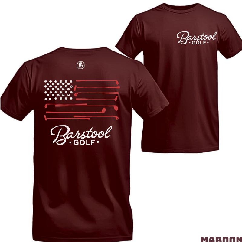 Barstool Golf T-shirt - Unique American flag design made from golf clubs, breathable fabric, perfect for sports events, outdoor activities, and casual wear.