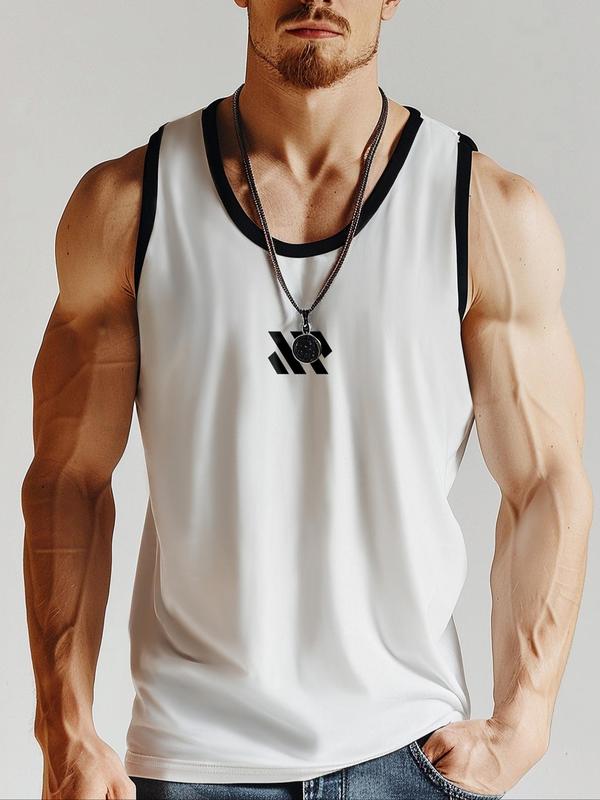 Men's Regular Fit Print Contrast Binding Round Neck Sports Tank Top, Breathable Sweat-absorbing Crew Neck Sleeveless Top for Gym Workout Running, Running Vest, Casual Sporty Top for Summer