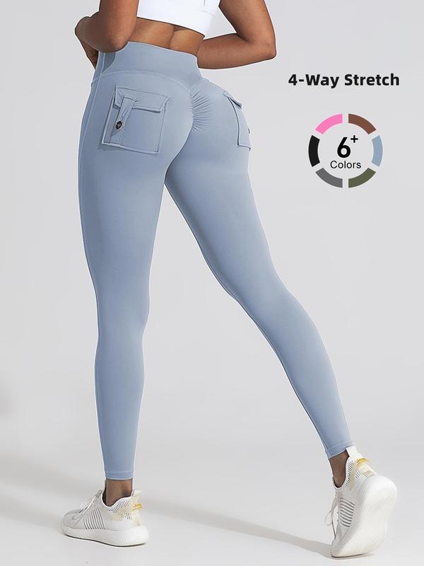 Women's Solid High Waist Pocket Sports Leggings, Casual Comfy Breathable Skinny Pants for Yoga Gym Workout Running, Ladies Sportswear for All Seasons