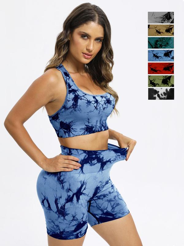 2 Piece Set Women's Tie Dye Print Sports Tracksuit Set, Fall Outfits, Fallfreshness, Racer Back Scoop Neck Crop Tank Top & High Waist Wide Waistband Shorts, Ladies Tracksuits, Workout Gym Yoga Exercise Clothing Set, Minimalistic Outfit, Fall Outfits