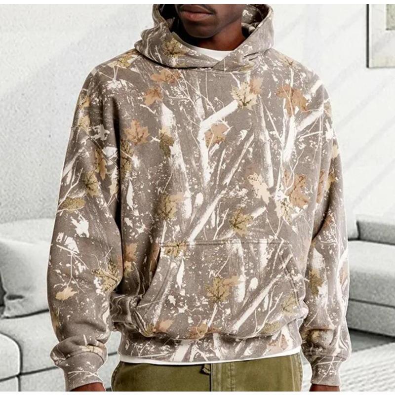 Camo Fleece Hoodie For Men Women Long Sleeve Drop Shoulder Oversized Hooded Sweatshirt Pullover With Pocket