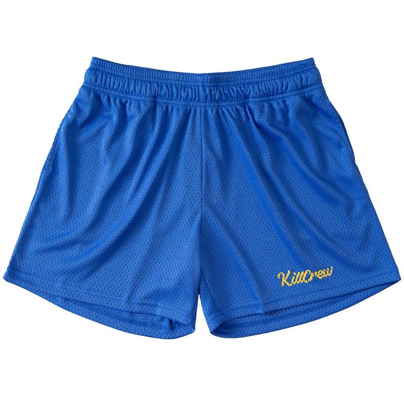 [Kill Crew] Vented Mesh Script Shorts - Blue   Gold, unisex, gym shorts, Elastic