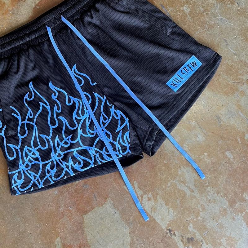 [Kill Crew] Muay Thai Shorts Flame - Black   Blue, Unisex, Mid Thigh Cut, Pockets, Gym Shorts, Elastic Waistband, Long drawcord with wax tips