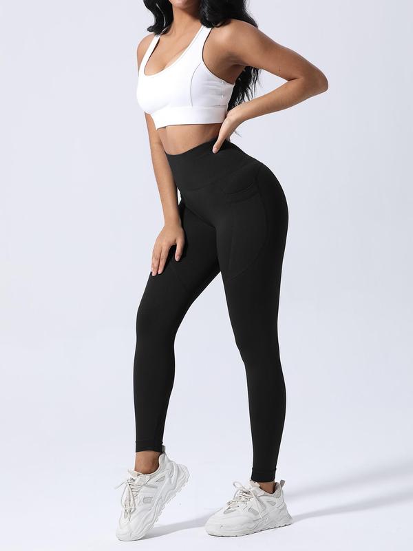 Women's Solid High Waist Pocket Sports Leggings, Casual Comfy Breathable Skinny Pants for Yoga Gym Workout Running, Ladies Sportswear for All Seasons