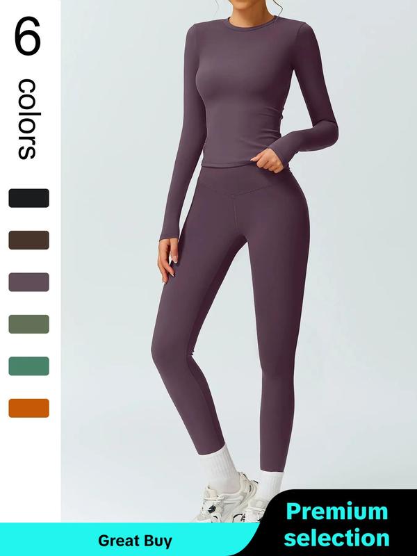 Women's Solid Color Long Sleeve Tee & High Waist Leggings Tracksuit Set, Sporty Comfy Breathable Outfits for Gym Workout Running, Ladies Fall & Winter Sportswear