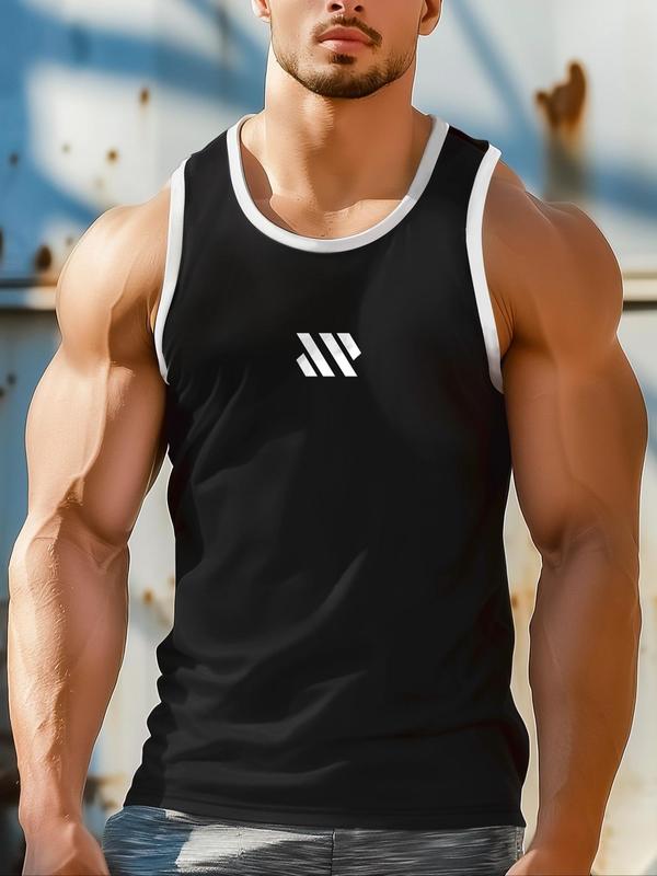 Men's Regular Fit Print Contrast Binding Round Neck Sports Tank Top, Breathable Sweat-absorbing Crew Neck Sleeveless Top for Gym Workout Running, Running Vest, Casual Sporty Top for Summer