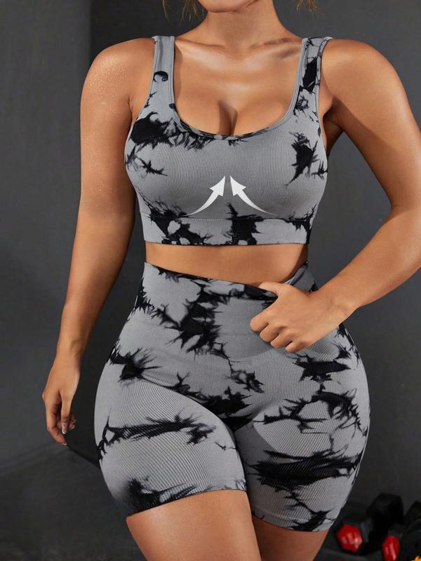 2 Piece Set Women's Tie Dye Print Sports Tracksuit Set, Fall Outfits, Fallfreshness, Racer Back Scoop Neck Crop Tank Top & High Waist Wide Waistband Shorts, Ladies Tracksuits, Workout Gym Yoga Exercise Clothing Set, Minimalistic Outfit, Fall Outfits