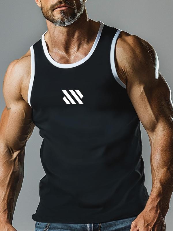 Men's Regular Fit Print Contrast Binding Round Neck Sports Tank Top, Breathable Sweat-absorbing Crew Neck Sleeveless Top for Gym Workout Running, Running Vest, Casual Sporty Top for Summer