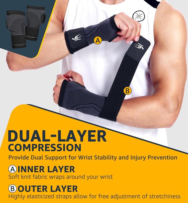 2-Pack Wrist Brace Wrist Wraps, Hand Compression Sleeves with Wrist Straps Support for Fitness Weightlifting MTB Tendonitis Carpal Tunnel Arthritis Pain Relief (Black, Large)