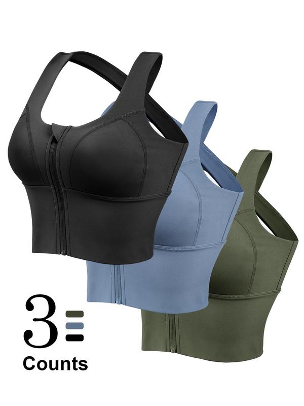 Women's Solid & Camo Print Criss Cross Sports Bra, Breathable Comfortable Zipper Front Medium Support Sports Bra, Ladies Sportswear for Indoor Outdoor Wear