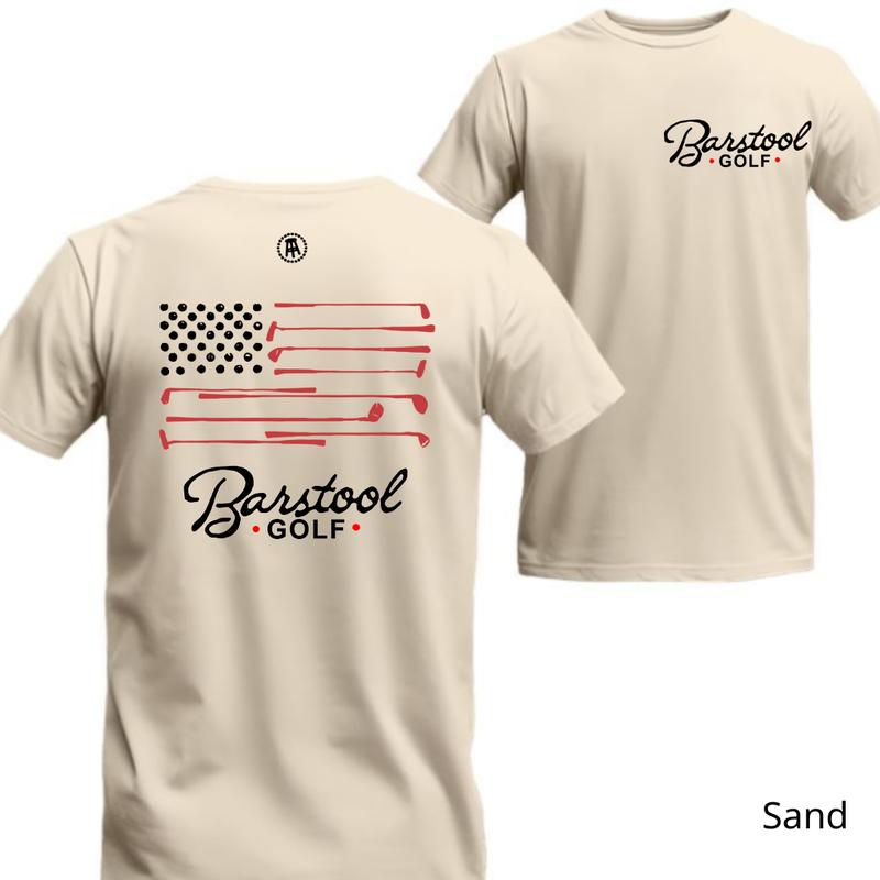 Barstool Golf T-shirt - Unique American flag design made from golf clubs, breathable fabric, perfect for sports events, outdoor activities, and casual wear.