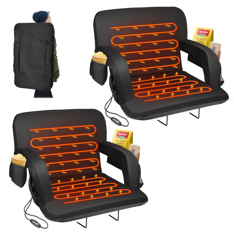 Heated Stadium Seats for Bleachers with Back Support and Wide Cushion, Extra Portable Bleacher Seat Foldable Stadium Chair, USB 3 Levels of Heat, 5 Pockets, for Outdoor Camping Games Sports