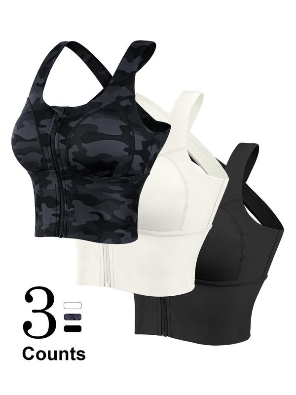 Women's Solid & Camo Print Criss Cross Sports Bra, Breathable Comfortable Zipper Front Medium Support Sports Bra, Ladies Sportswear for Indoor Outdoor Wear