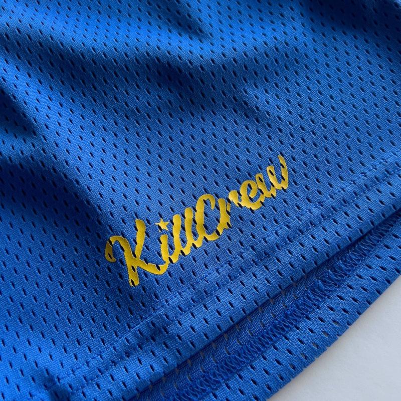 [Kill Crew] Vented Mesh Script Shorts - Blue   Gold, unisex, gym shorts, Elastic