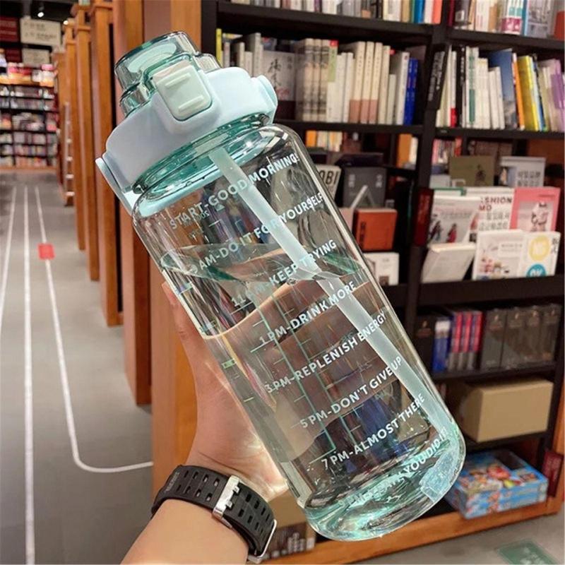 Sports Water Bottle, Large Capacity Straw Drinking Bottle with Time Marker, Ice Cold Water Tumbler, Summer Drinkware, Outdoor Sports Accessories