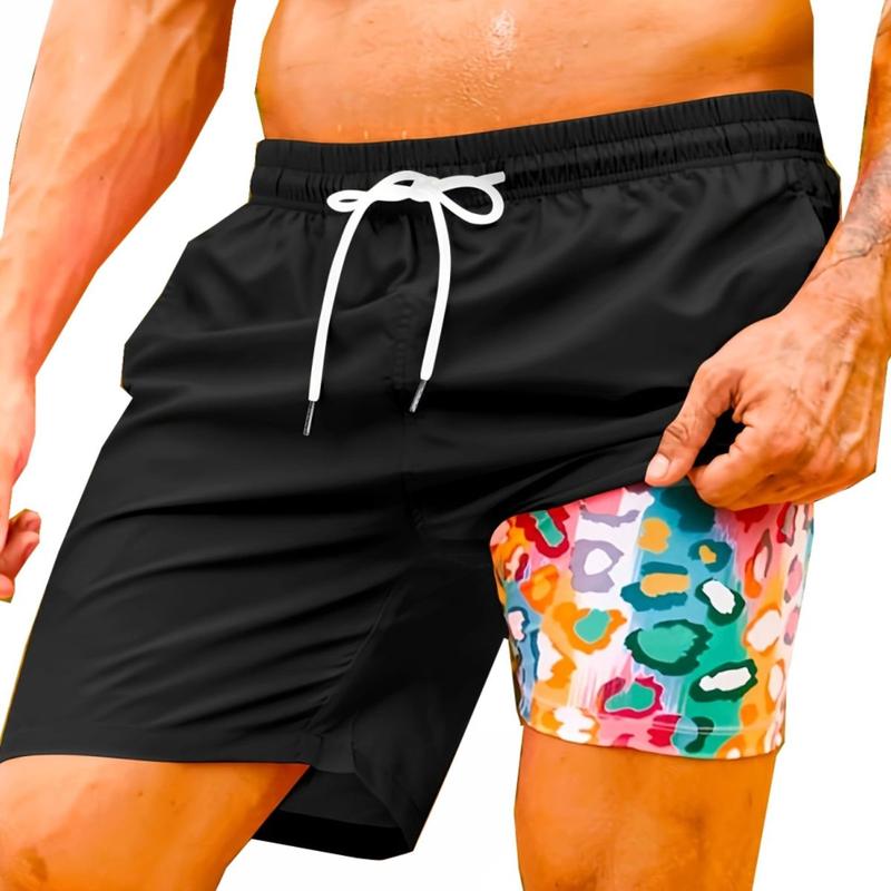 Mens Swim Trunks with Compression Liner Stretch Beach Shorts Quick Dry with Pockets Board Shorts